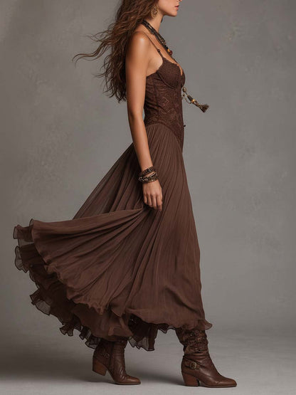 Vestido maxi de gasa marrón oscuro con paneles de encaje