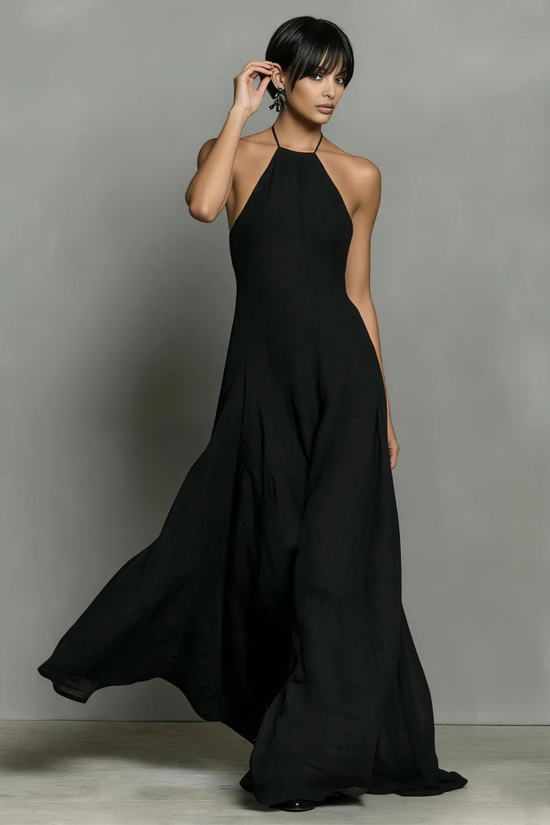 Vestido largo sin espalda de mezcla de lino negro con cuello halter