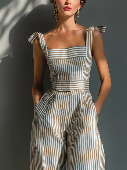 Mono de lino mezcla beige con rayas, hombros con lazo y pierna ancha