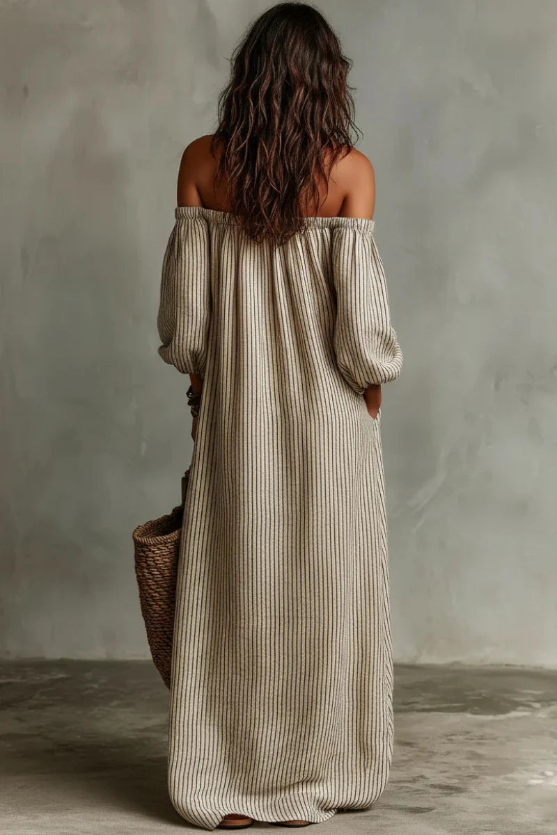 Vestido largo beige a rayas con escote off-shoulder de mezcla de lino