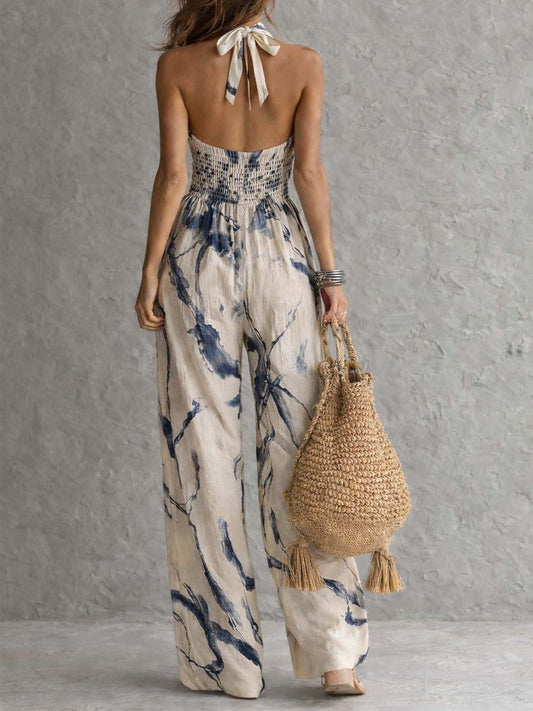 Mono de pierna ancha con estampado de lavado de tinta y cuello halter con bolsillos