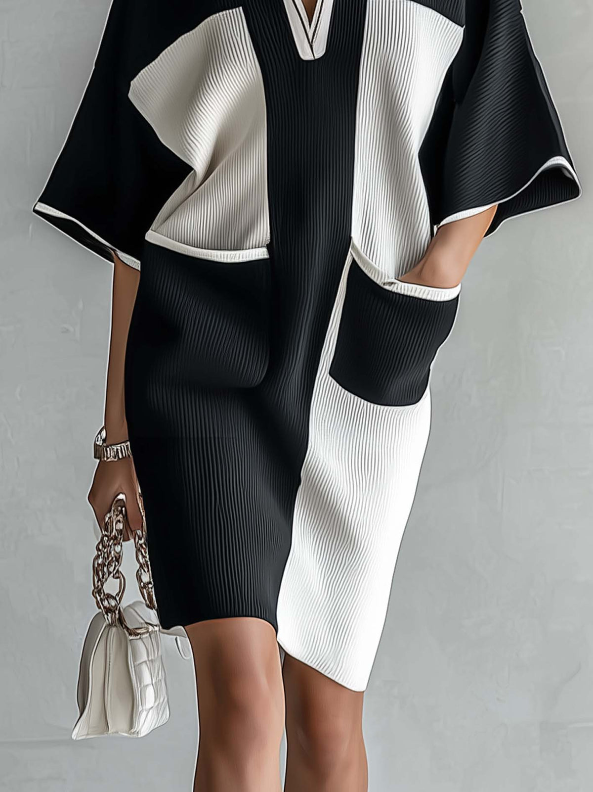 Vestido midi de bloques de color con mangas murciélago