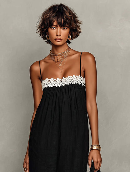 Vestido maxi sin tirantes con inserción de encaje de lino