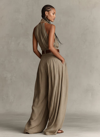 Mono bohemio taupe de pierna ancha con cuello halter (sin cinturón)