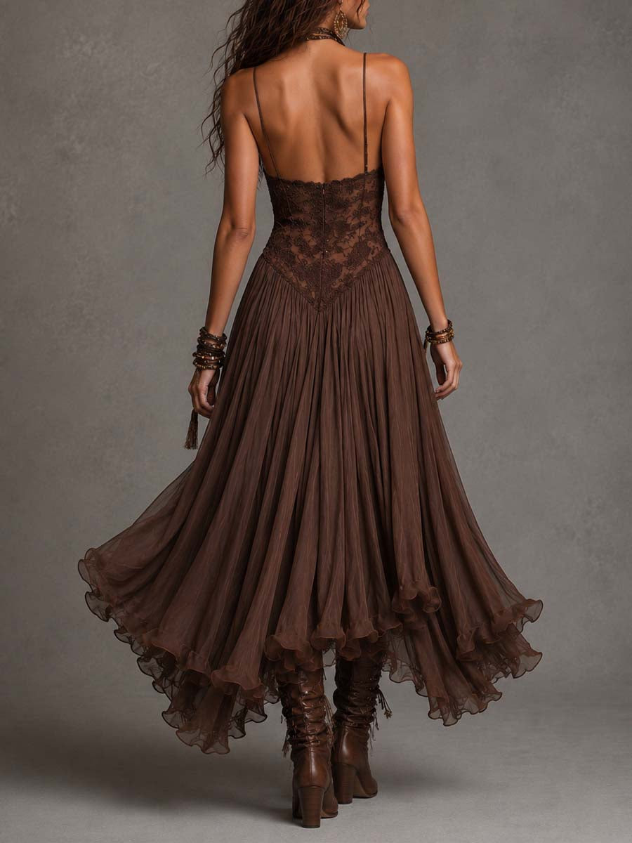 Vestido maxi de gasa marrón oscuro con paneles de encaje