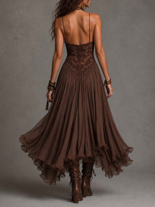 Vestido maxi de gasa marrón oscuro con paneles de encaje