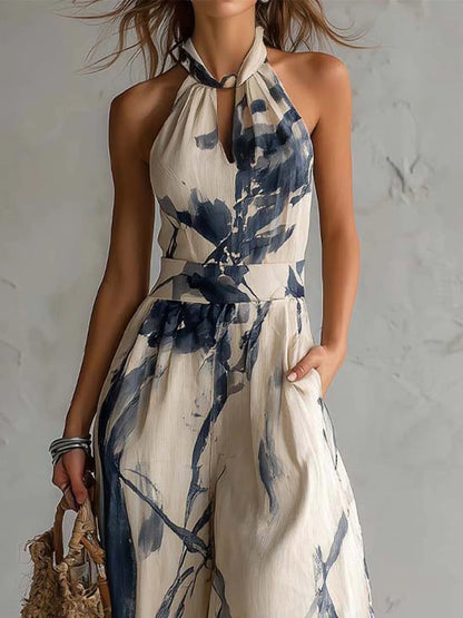 Mono de pierna ancha con estampado de lavado de tinta y cuello halter con bolsillos