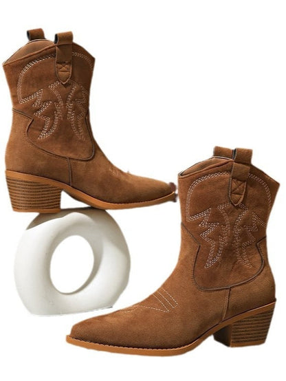 Botas de caballero bordadas retro con tacón bloque redondo y punta redonda hasta la mitad de la pantorrilla
