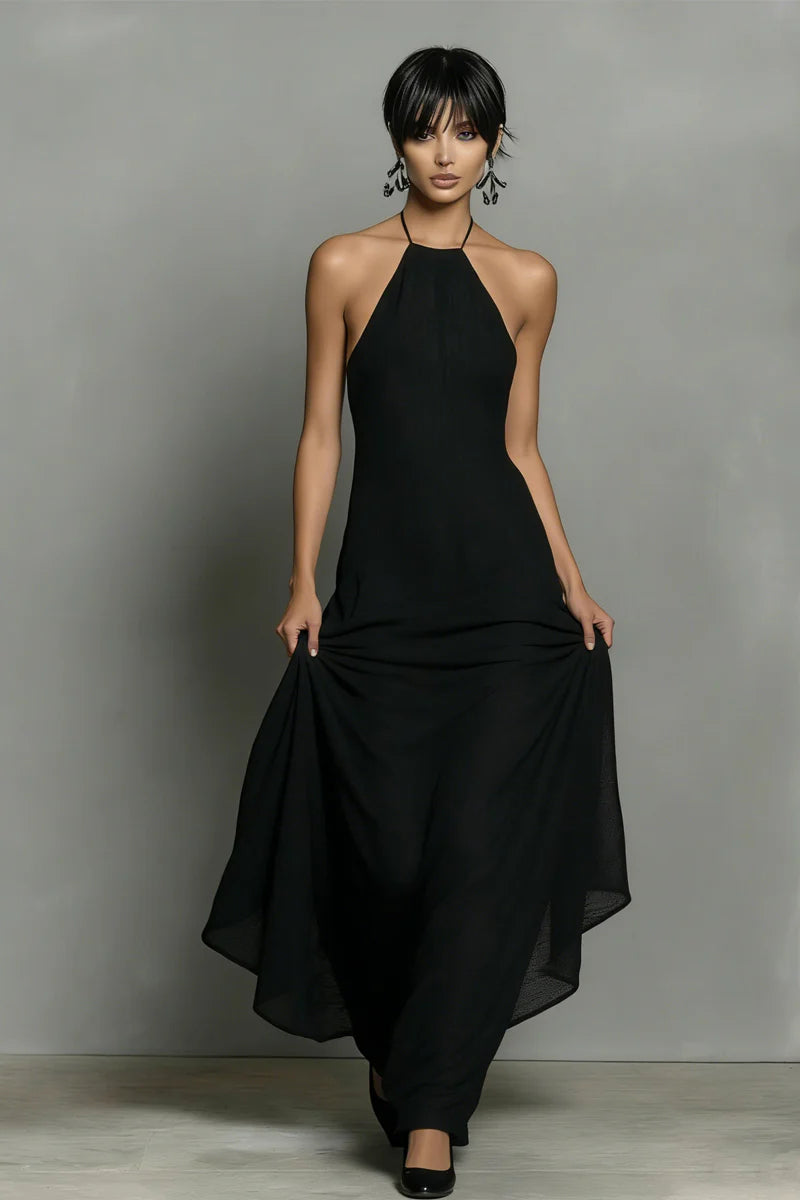 Vestido largo sin espalda de mezcla de lino negro con cuello halter