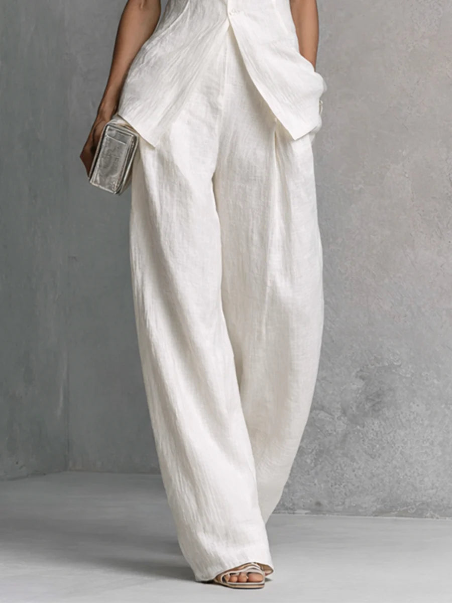 Conjunto de blusa sin mangas de lino y algodón blanco y pantalón de pierna ancha