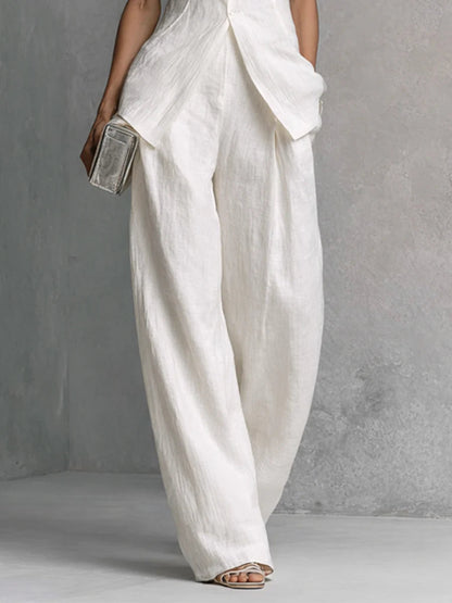 Conjunto de blusa sin mangas de lino y algodón blanco y pantalón de pierna ancha