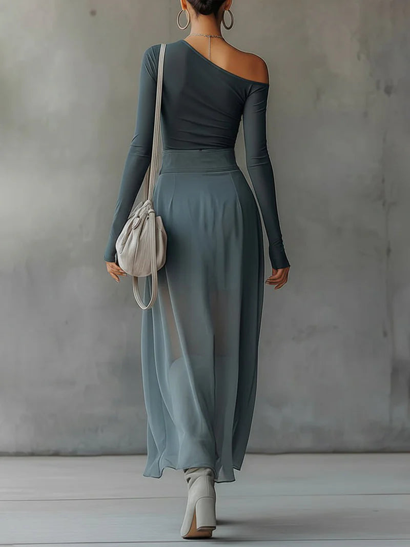 Conjunto asimétrico gris transparente con recortes