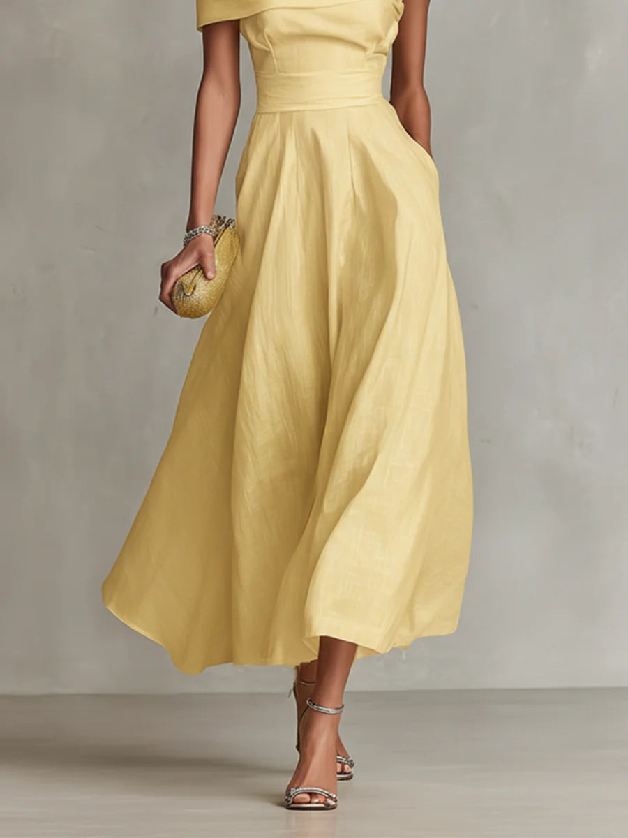 Vestido maxi amarillo de lino con un solo hombro