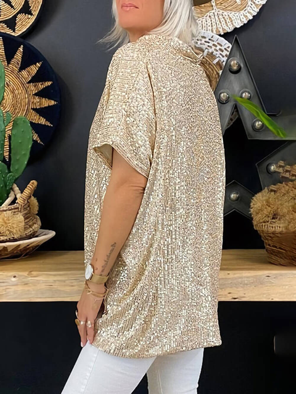 Jersey holgado informal bohemio, Top con cuello en V y lentejuelas de manga corta