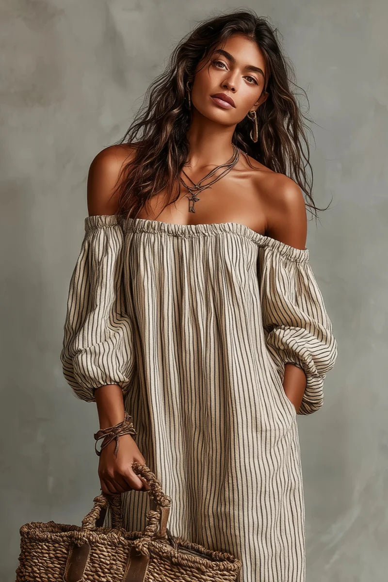 Vestido largo beige a rayas con escote off-shoulder de mezcla de lino