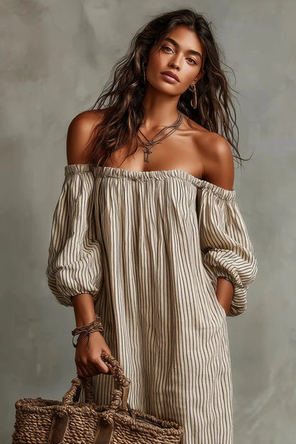 Vestido largo beige a rayas con escote off-shoulder de mezcla de lino