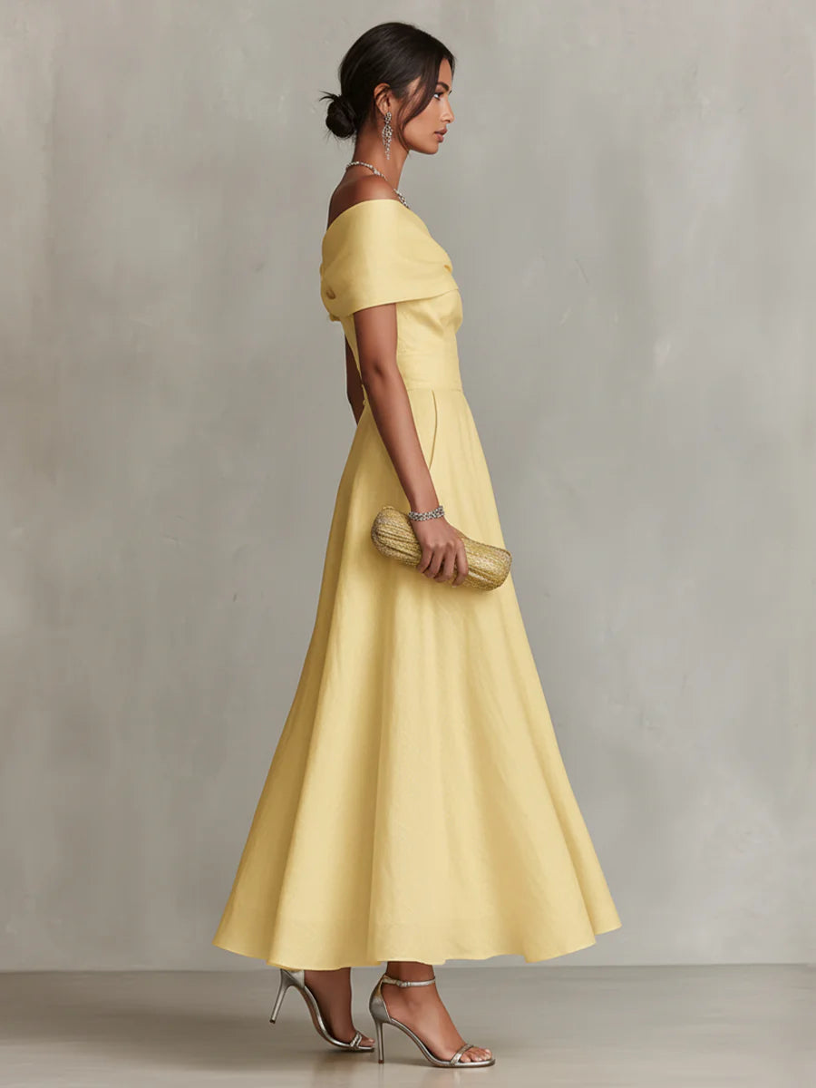 Vestido maxi amarillo de lino con un solo hombro