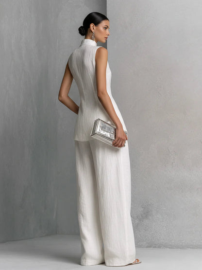 Conjunto de blusa sin mangas de lino y algodón blanco y pantalón de pierna ancha