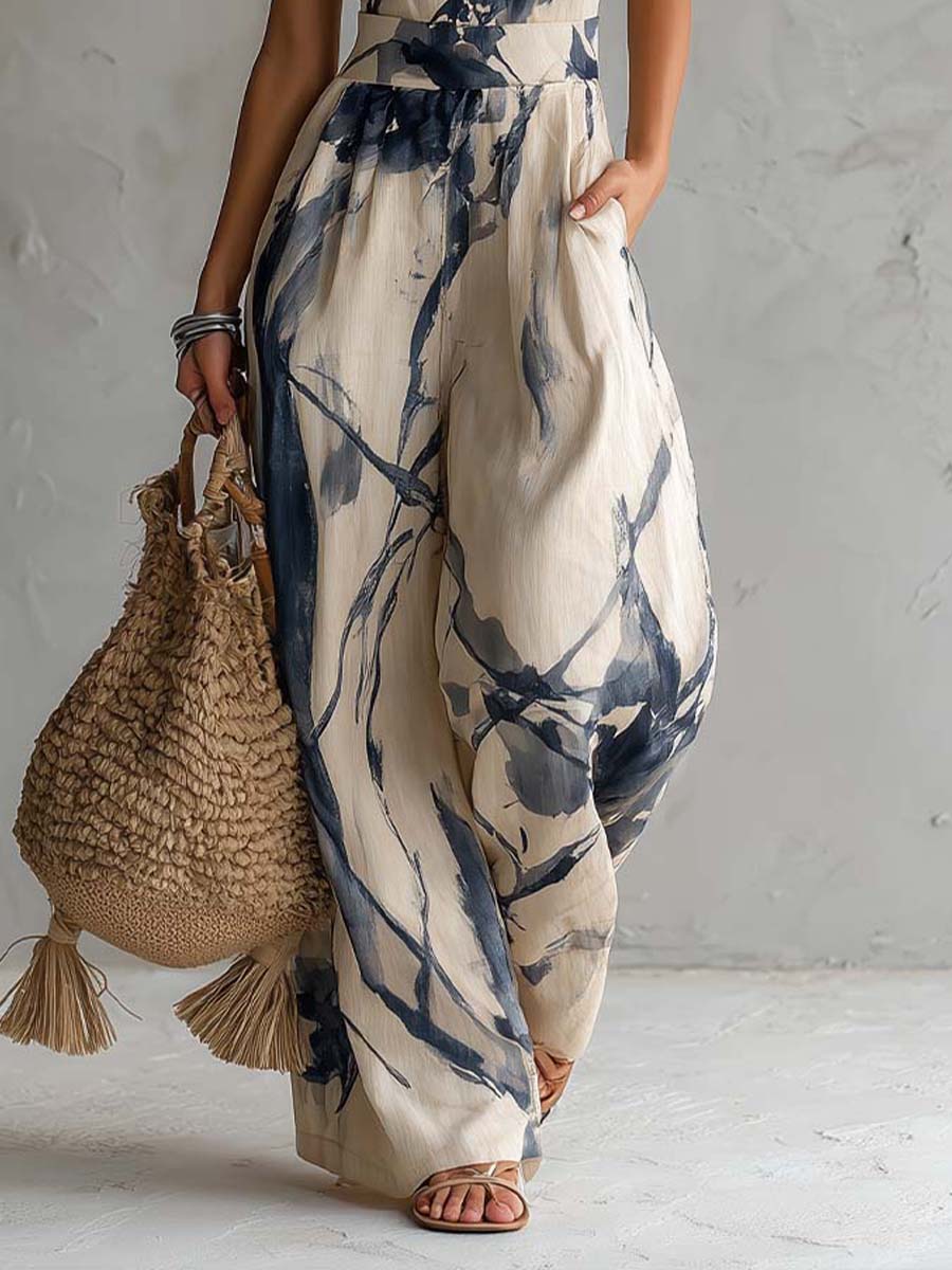 Mono de pierna ancha con estampado de lavado de tinta y cuello halter con bolsillos