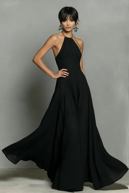 Vestido largo sin espalda de mezcla de lino negro con cuello halter