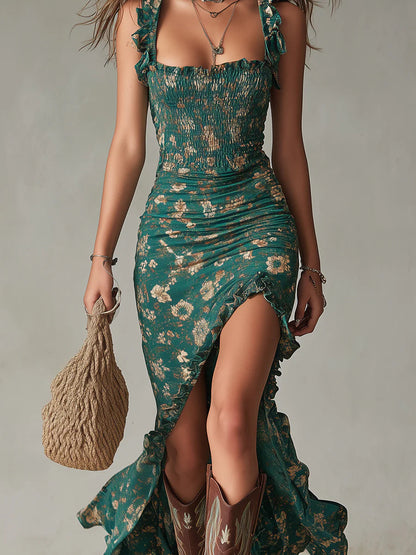 Vestido largo bohemio verde con estampado y mangas con volantes