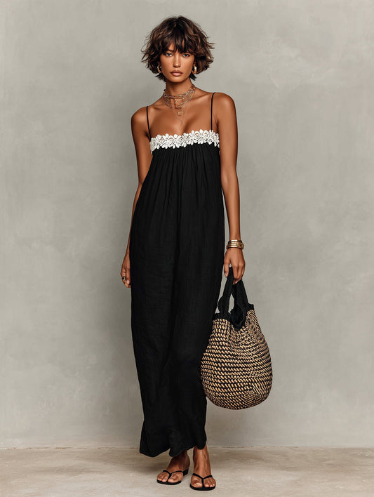 Vestido maxi sin tirantes con inserción de encaje de lino