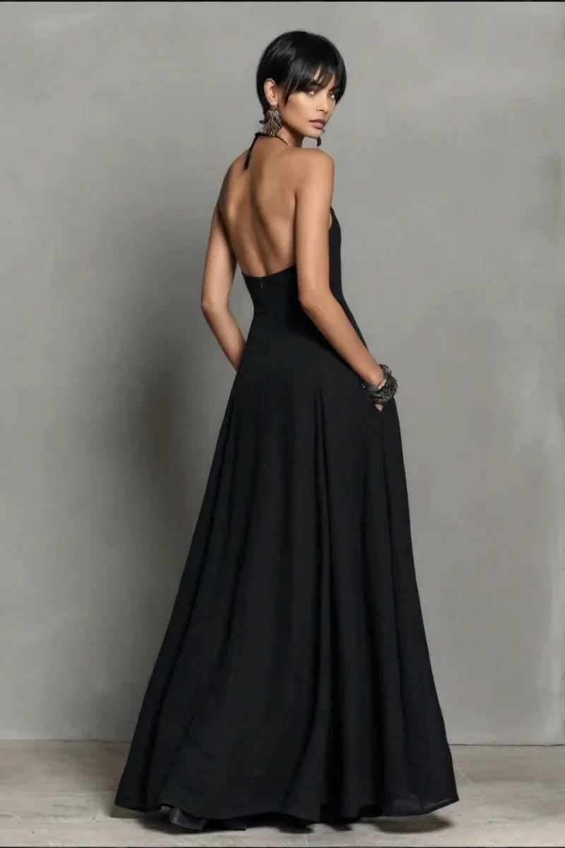 Vestido largo sin espalda de mezcla de lino negro con cuello halter