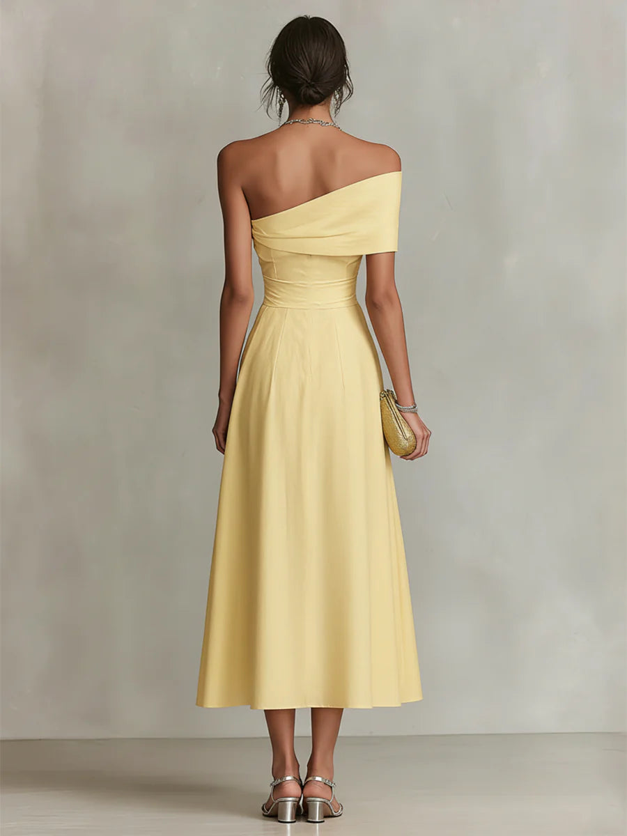 Vestido maxi amarillo de lino con un solo hombro