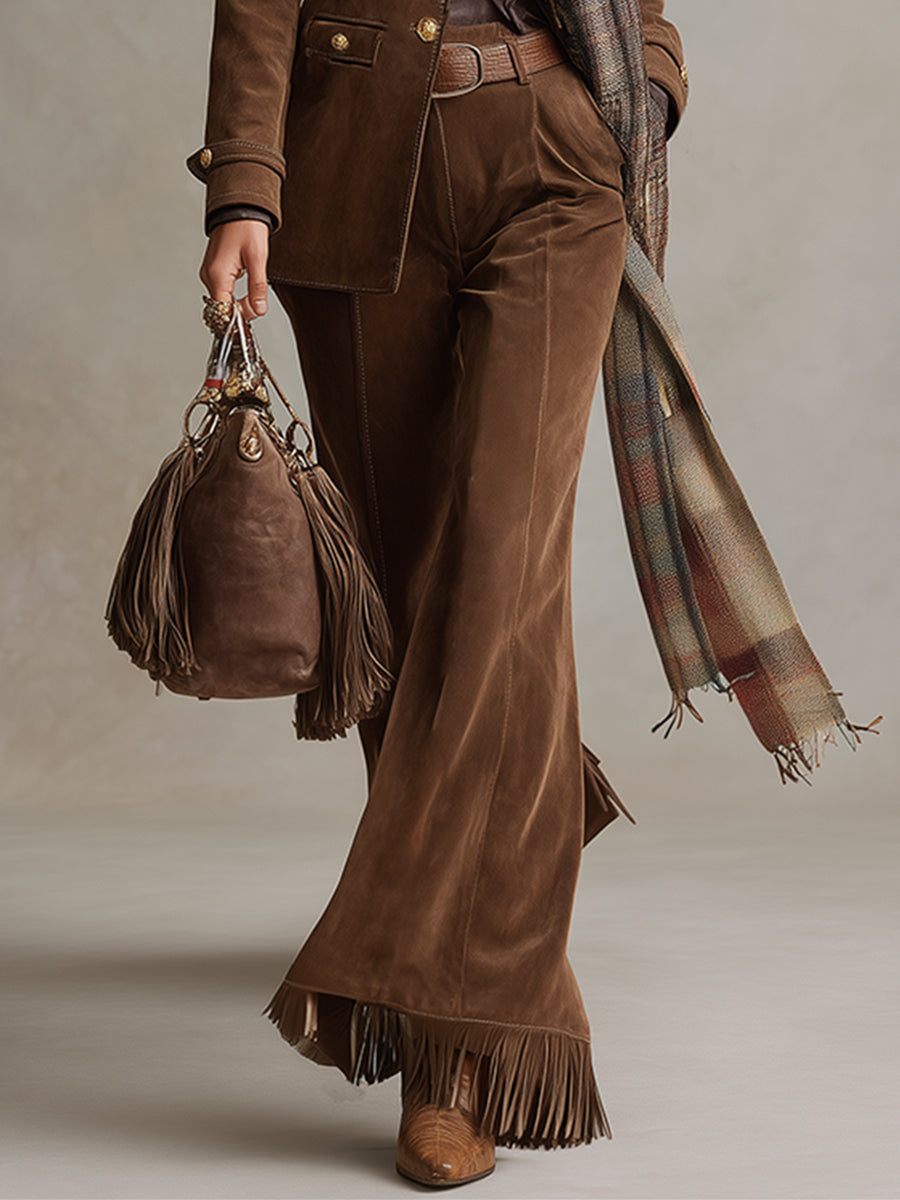 Pantalones acampanados con borlas de ante sintético marrón retro versátiles