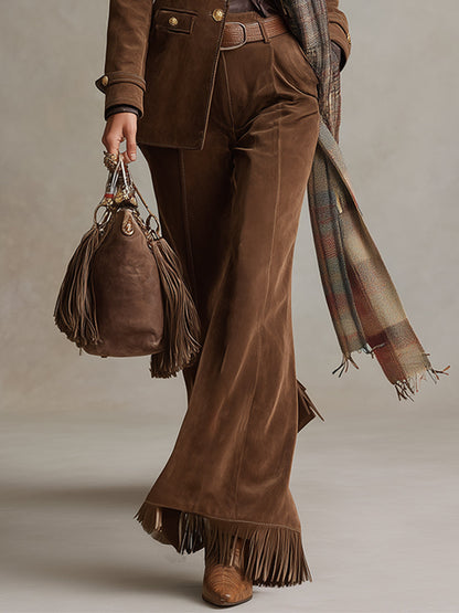 Pantalones acampanados con borlas de ante sintético marrón retro versátiles