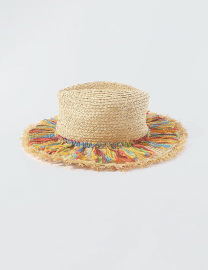 Sombrero de paja con borlas de cuerda de algodón colorida