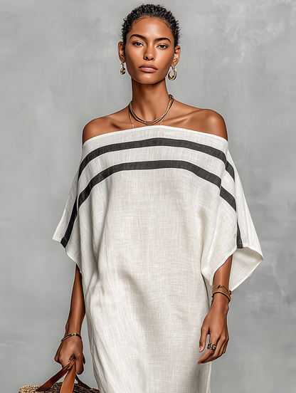 Vestido maxi minimalista de mezcla de lino con hombros descubiertos y mangas murciélago