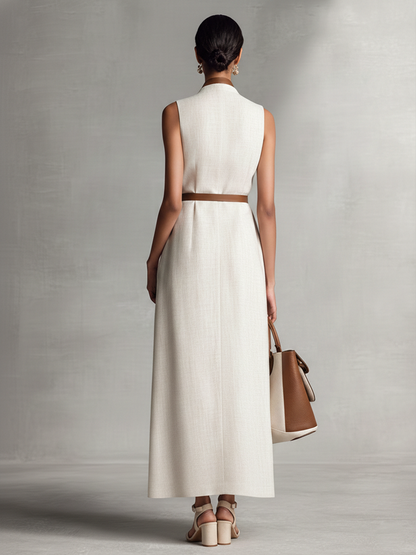 Vestido maxi sin mangas con escote en V y cinturón de algodón y lino