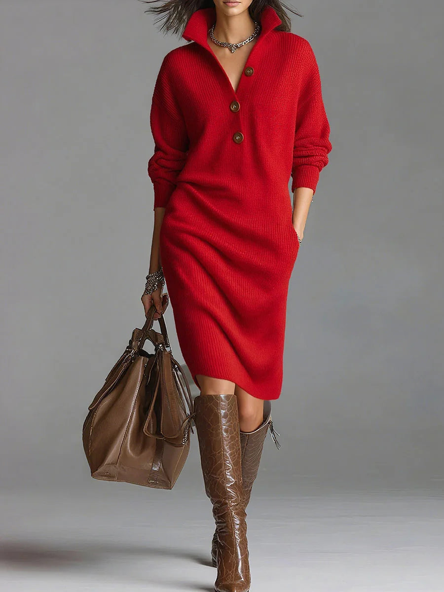 Vestido de punto suelto de manga larga con cuello alto de color sólido