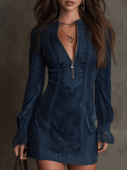 Vestido corto vintage azul con encaje de gamuza