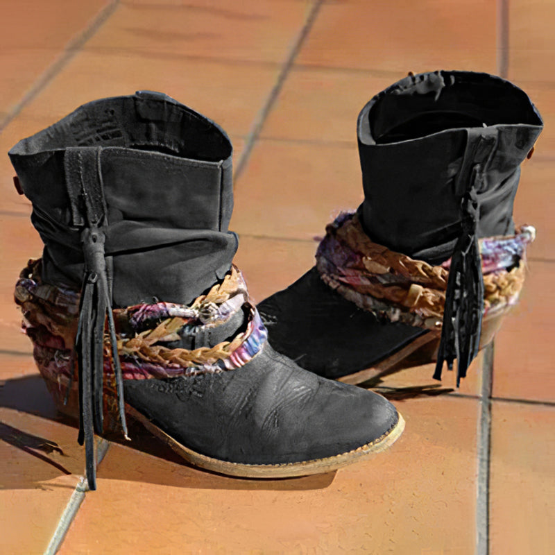 Botas vintage occidentales tribales con borlas y tobilleras