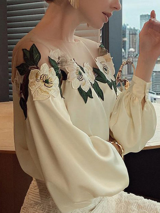 Camisa de manga larga con bordado de satén y paneles de malla