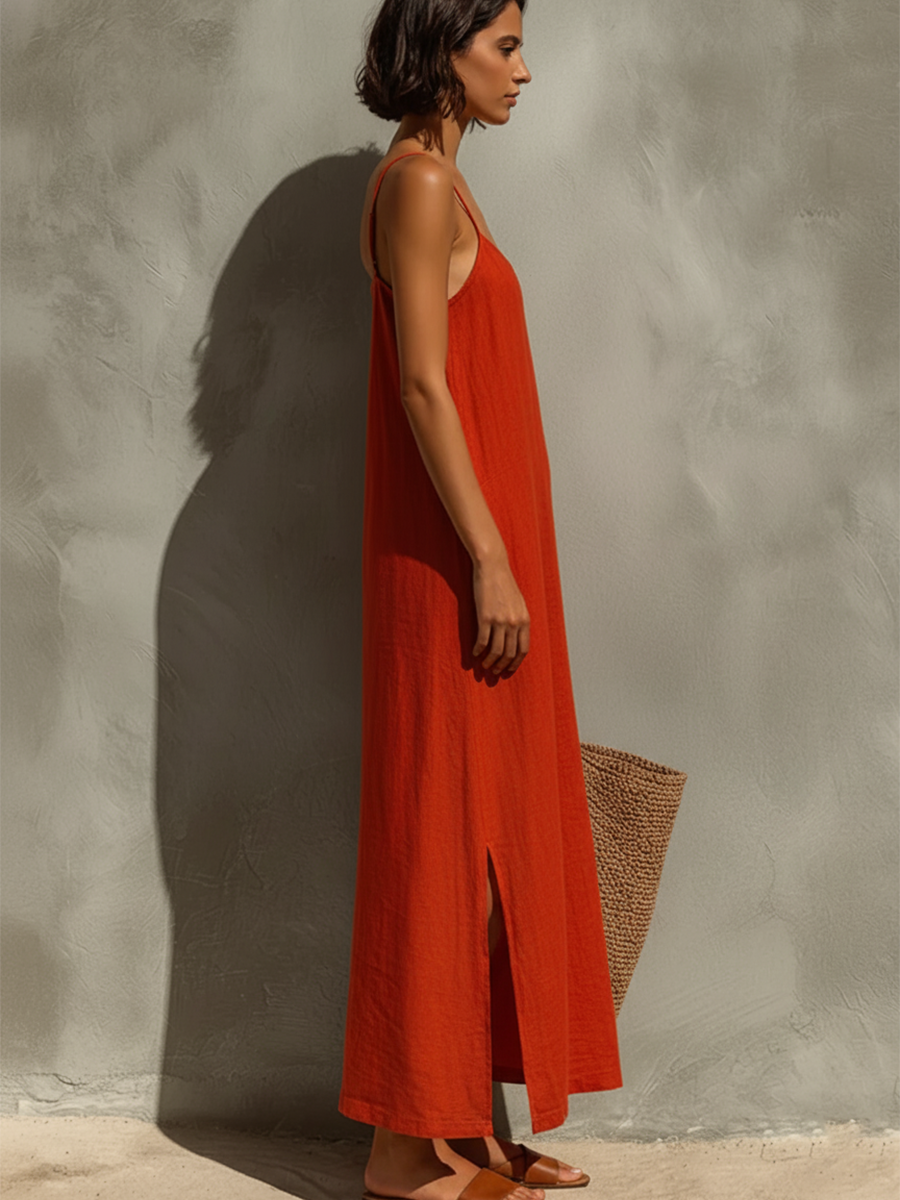 Vestido rojo de algodón con escote cuadrado y tirantes finos