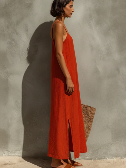 Vestido rojo de algodón con escote cuadrado y tirantes finos