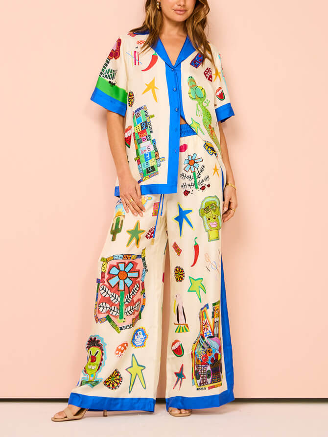 Conjunto de pantalones de pierna ancha de encaje casual de vacaciones a juego de colores impresos personalizados
