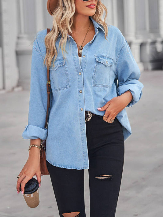 Jeans-Oberteil mit Kragen und überschnittenen Ärmeln – Blau