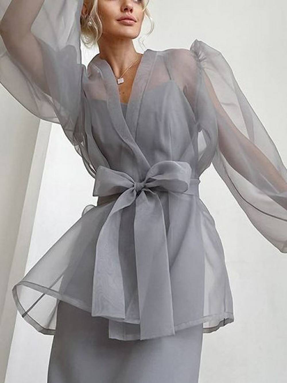 Blusa elegante transparente con cuello en V y mangas largas abullonadas con pajarita