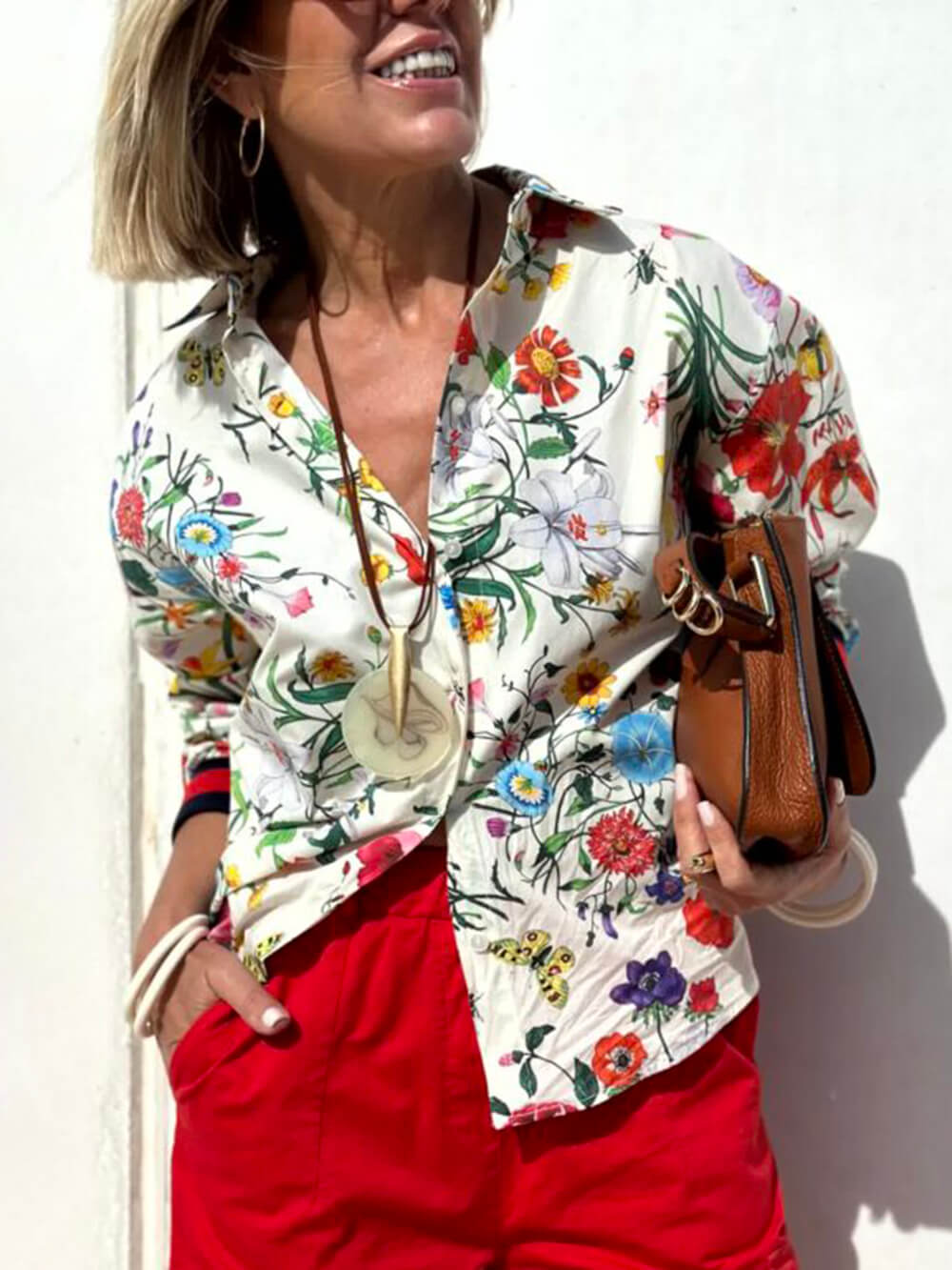 Conjunto de pantalones de pierna ancha con bolsillos y cintura elástica con estampado floral único