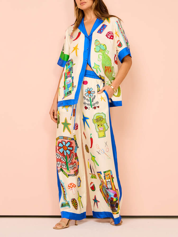 Conjunto de pantalones de pierna ancha de encaje casual de vacaciones a juego de colores impresos personalizados