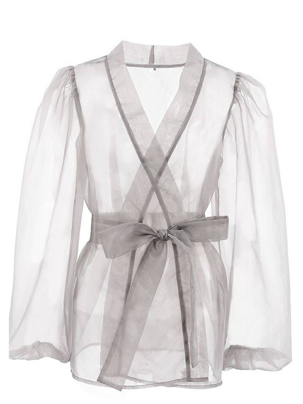 Blusa elegante transparente con cuello en V y mangas largas abullonadas con pajarita