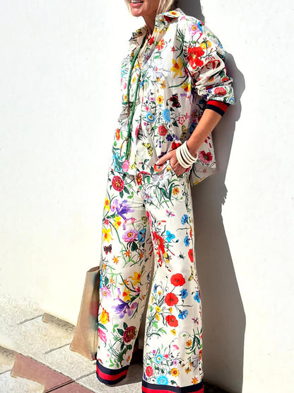 Conjunto de pantalones de pierna ancha con bolsillos y cintura elástica con estampado floral único