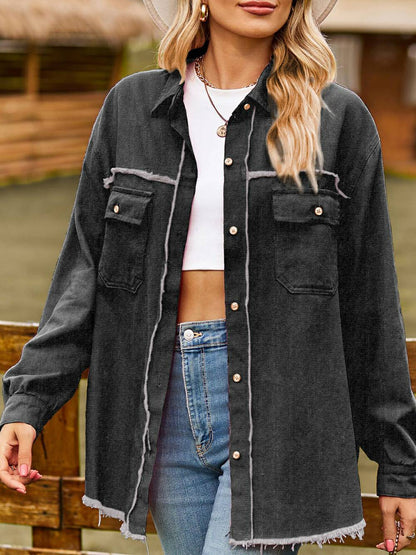 Camisa informal con top con borlas lavadas y bordes crudos de mezclilla - Negro