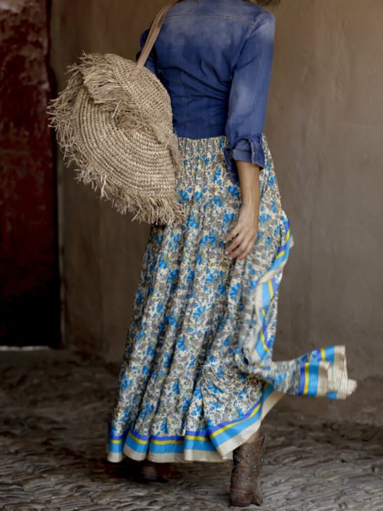 Falda larga floral asimétrica en azul Hippie Gypsy