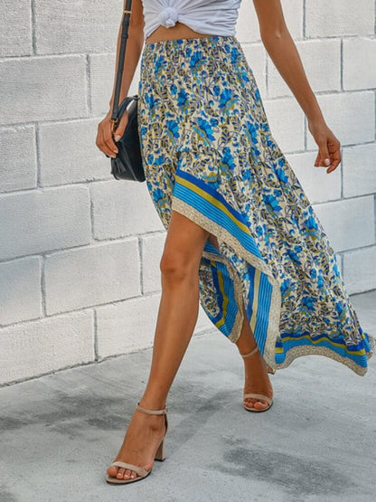Falda larga floral asimétrica en azul Hippie Gypsy