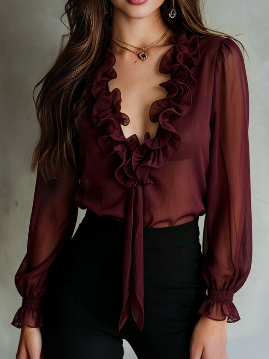 Blusa Retro con Volantes y Lazo Frontal